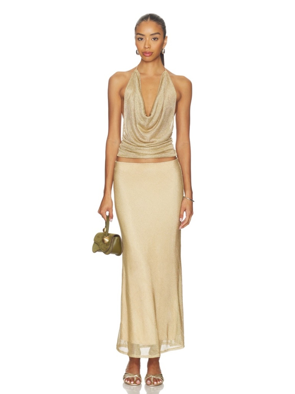 Gold Shimmery Halter Top and Maxi Skirt Matching Set by Bella Venice on Revolve
